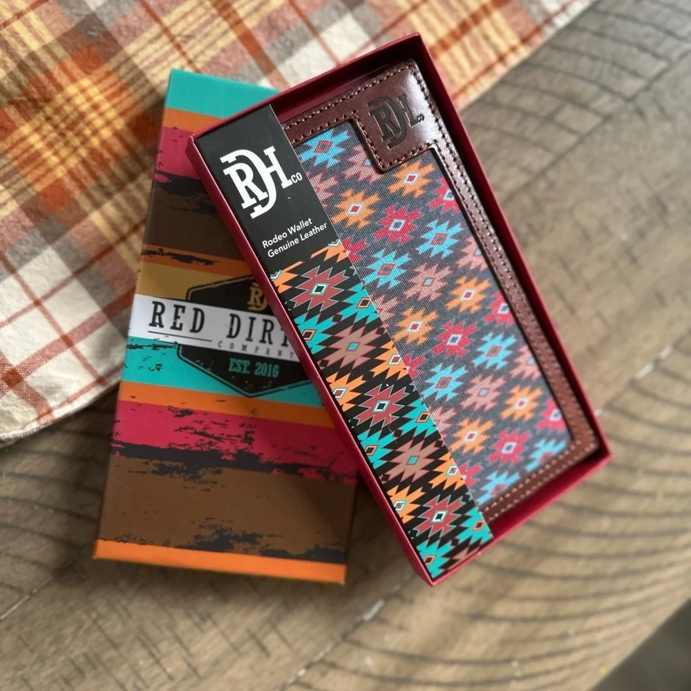 New Red Dirt Western Wallet Mens Rodeo Leather Southwestern Canvas Inlay Aztec